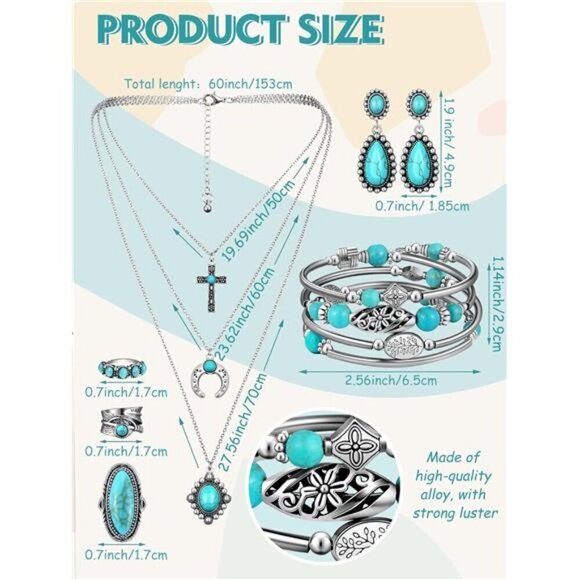 Bohemian Western Jewelry Turquoise Set Rings Necklace Earrings Bracelet - Picture 3 of 5